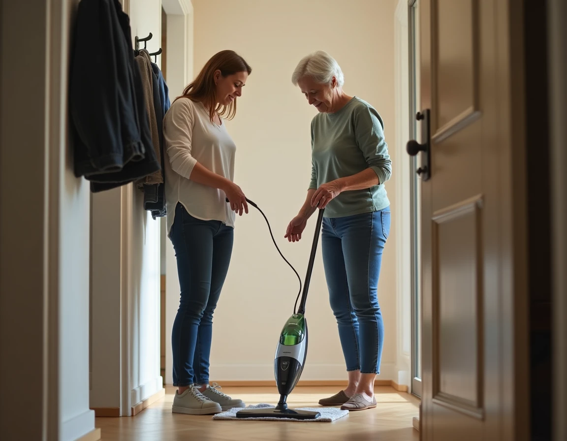 Deux femmes vérifiant l'état d'un balai vapeur Lidl lors d'une transaction d'achat d'occasion à domicile