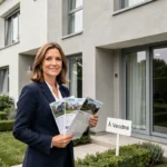 Agente immobilière tenant des documents devant une maison moderne à vendre en 2024