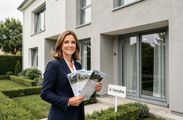 Agente immobilière tenant des documents devant une maison moderne à vendre en 2024