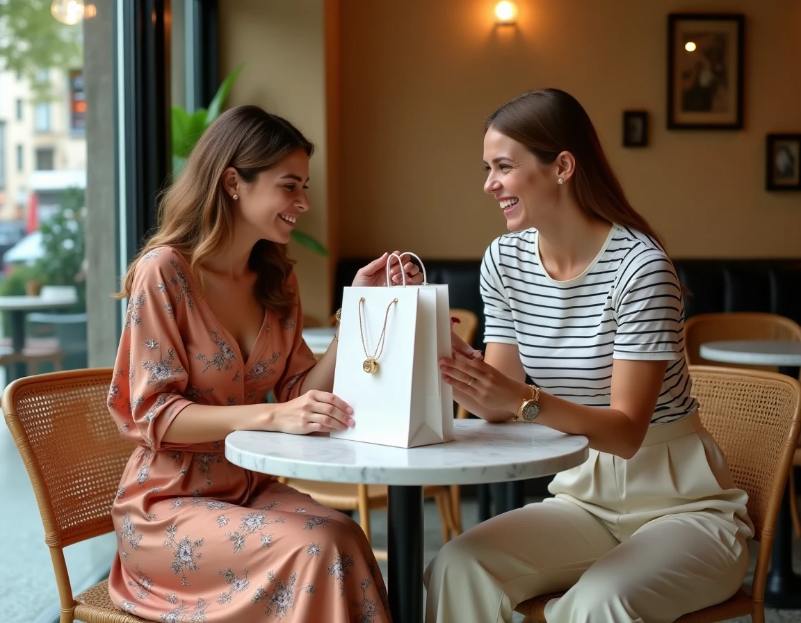 Deux amies découvrant des accessoires de mode autour de sacs shopping dans un café parisien