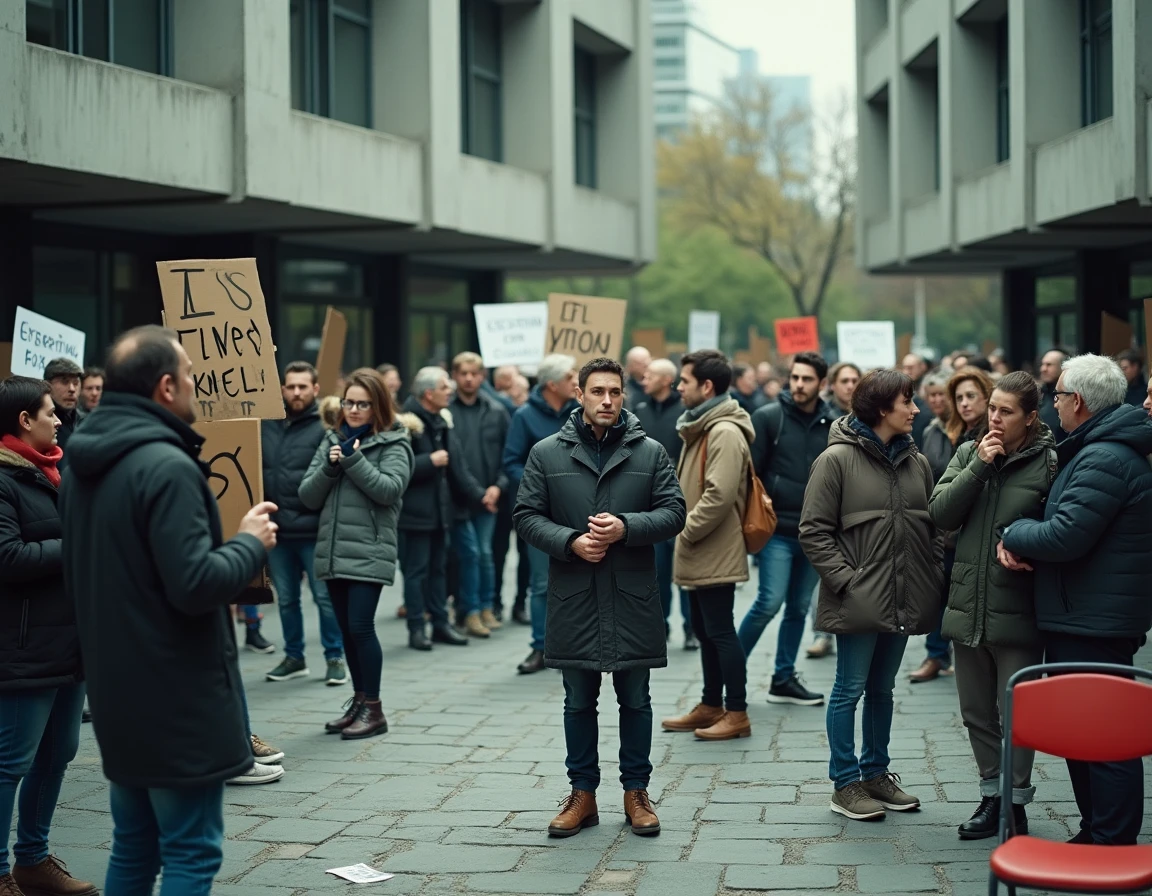Assemblée populaire en plein air dans une place urbaine avec architecture brutaliste, militants discutant de pratiques révolutionnaires et de communisation