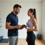 Coach sportif à domicile discutant d'un plan d'entraînement personnalisé avec une cliente dans un salon moderne
