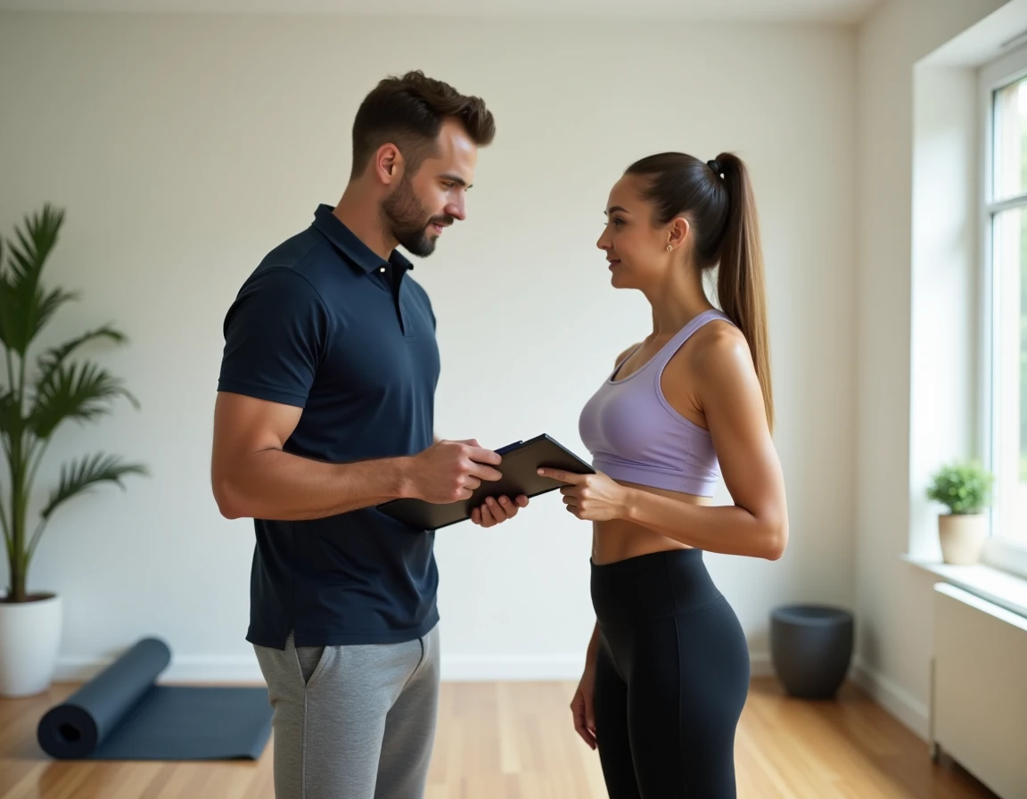 Coach sportif à domicile discutant d'un plan d'entraînement personnalisé avec une cliente dans un salon moderne