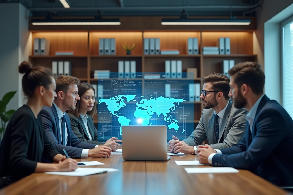 Groupe de professionnels collaborant avec interface holographique