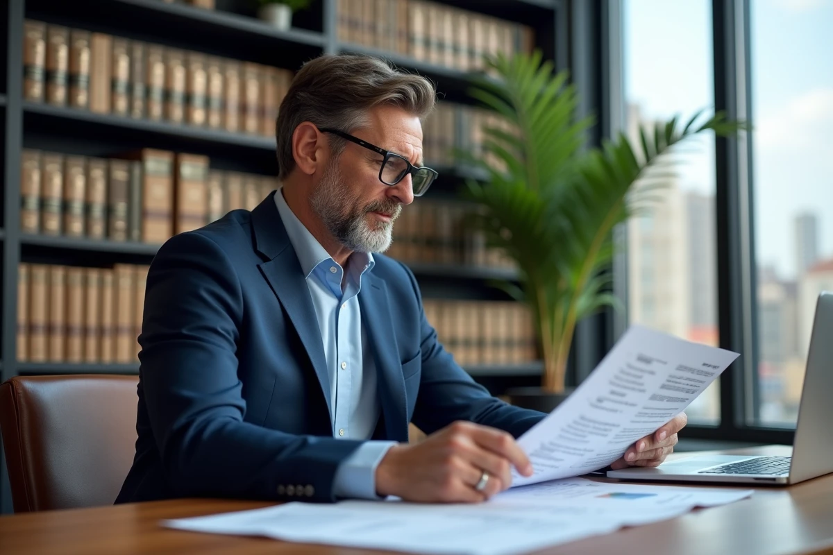 Conseiller fiscal analysant des documents de prorogation Scellier intermédiaire dans un bureau professionnel