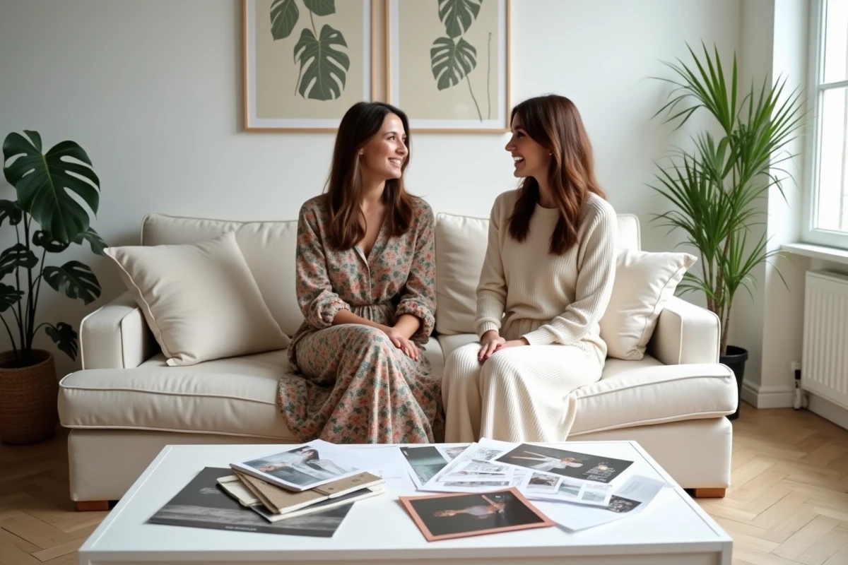 Deux femmes discutant des dernières tendances mode entourées de magazines et d'échantillons de tissus dans un appartement moderne