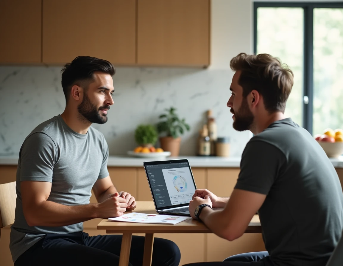 Séance de consultation entre un coach sportif et son client autour d'un programme fitness personnalisé à domicile