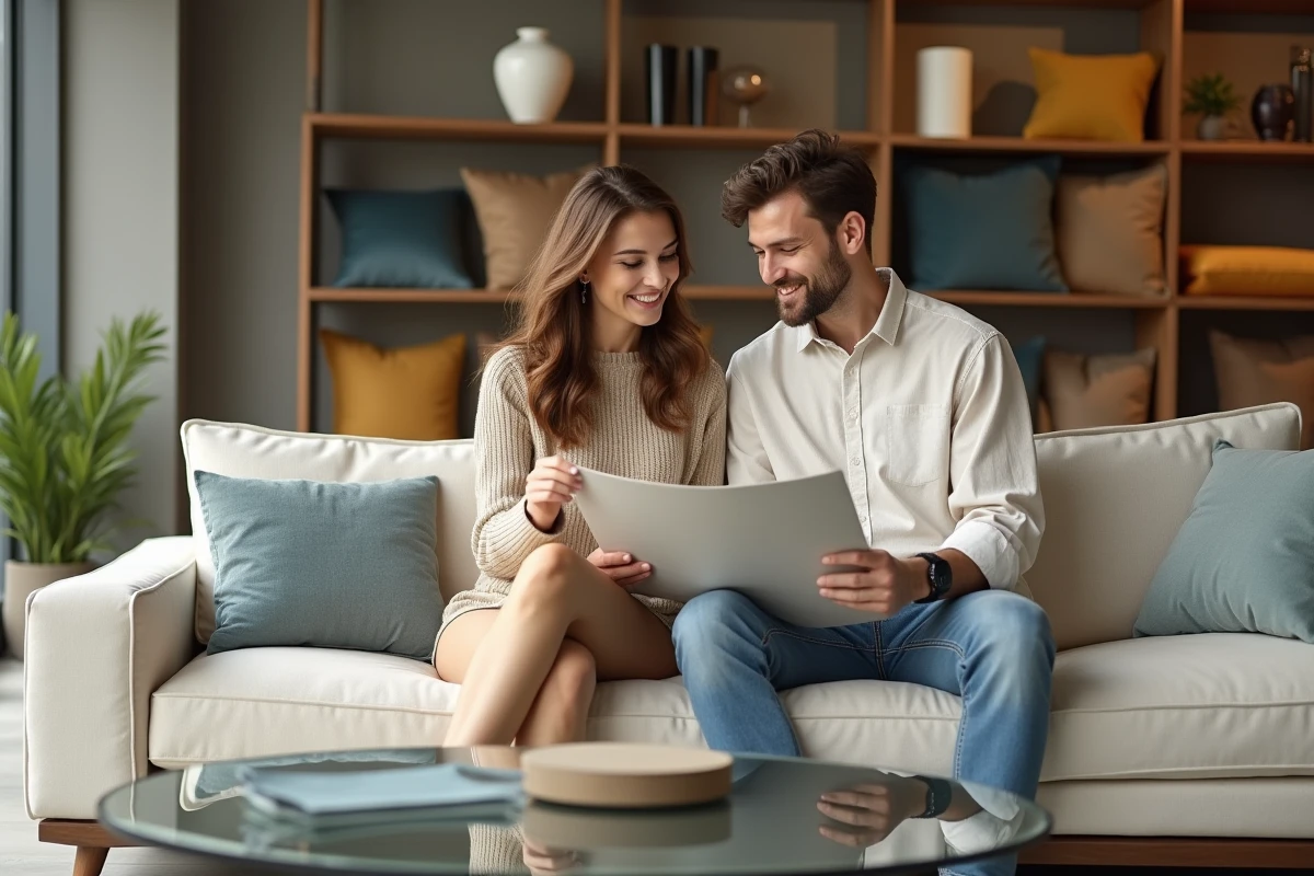 Jeune couple compare des échantillons de tissu dans un showroom