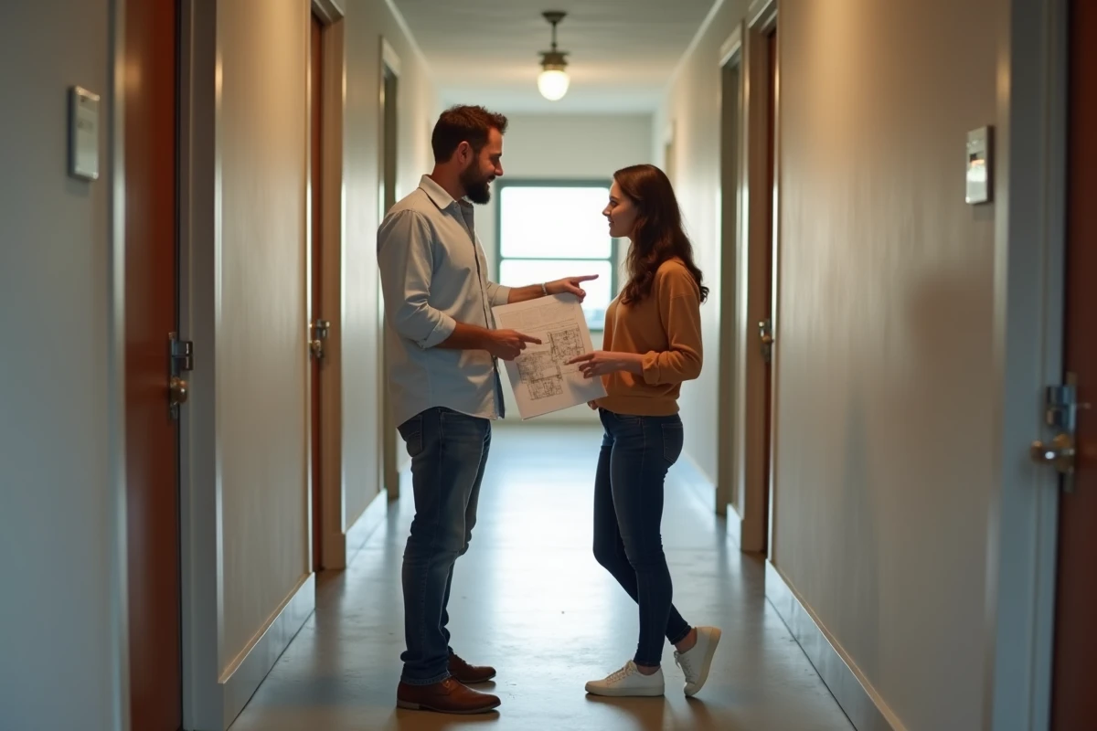 Couple de propriétaires investisseurs examinant les documents d'un dispositif Scellier dans un immeuble résidentiel