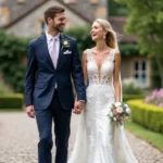 Couple élégant marchant dans un jardin fleuri lors d'un mariage