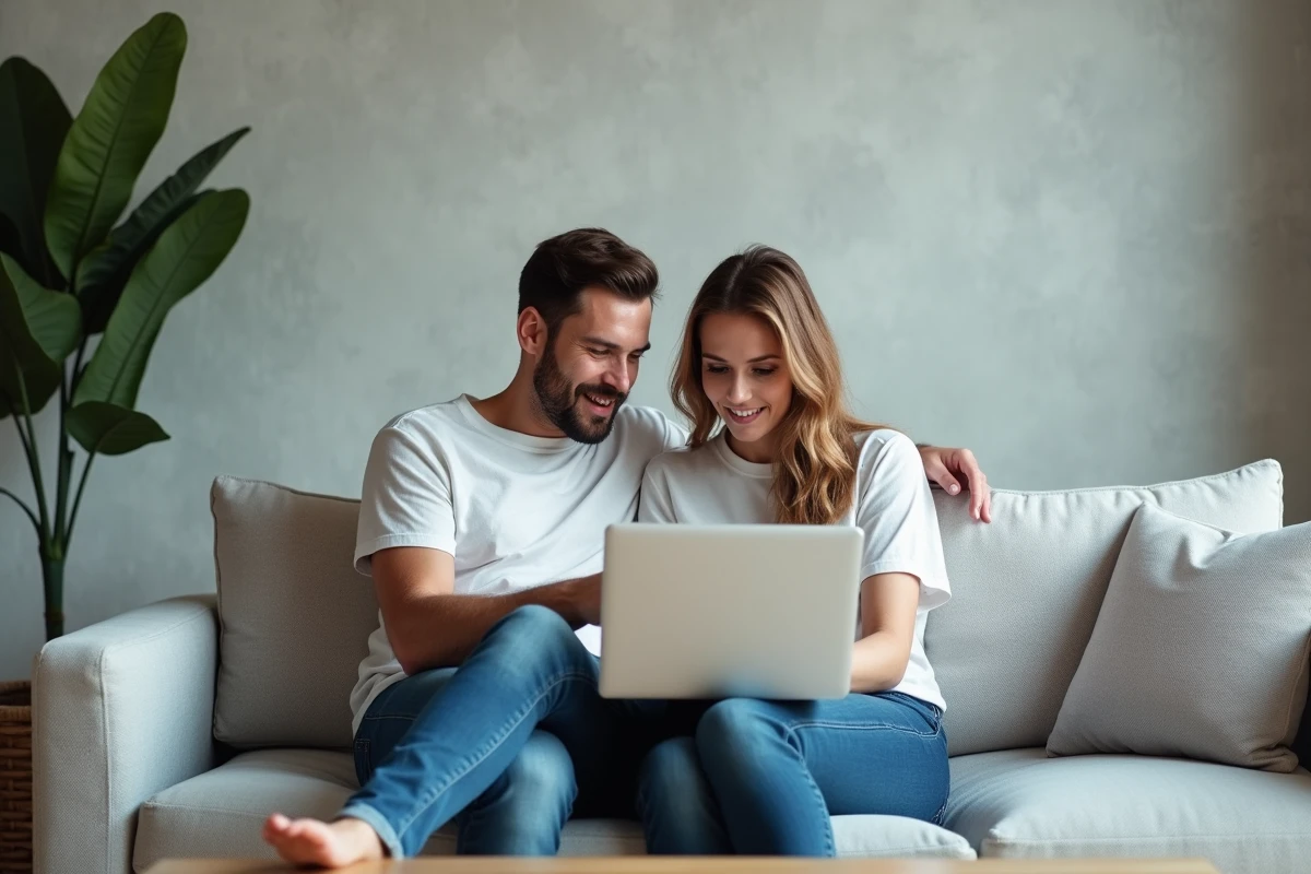Couple recherchant ensemble des ressources sur un site immobilier depuis leur salon