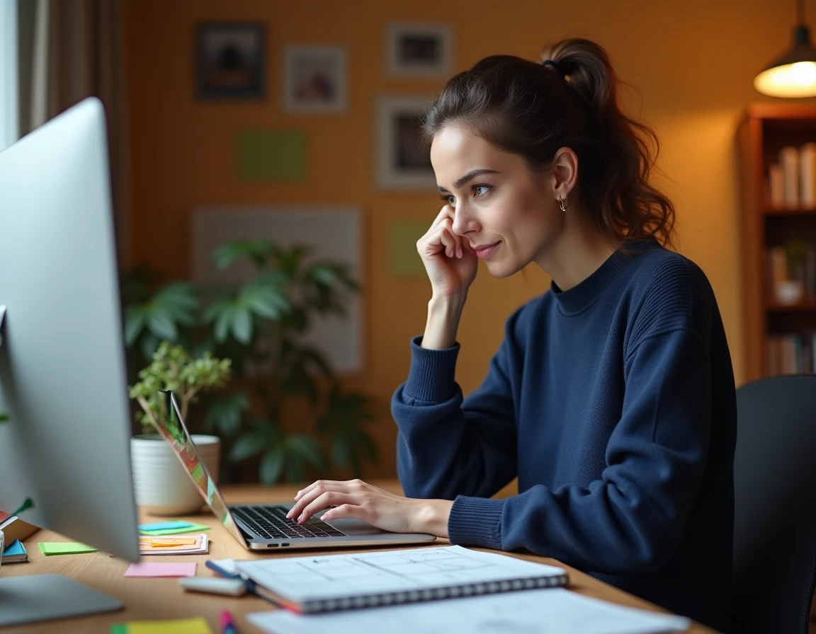 Femme travaillant sur la création d'un site web avec des notes manuscrites et un wireframe sur ordinateur portable