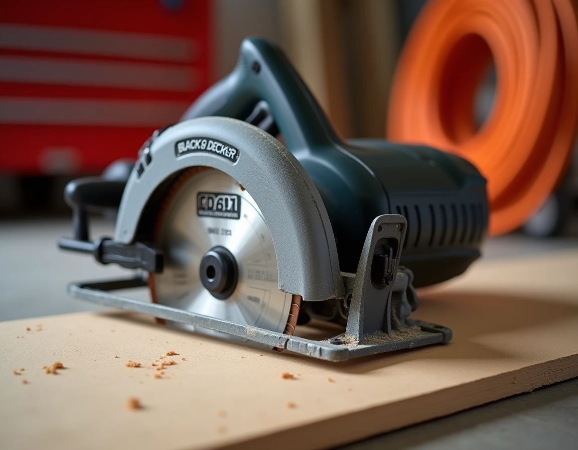 Vue détaillée de la scie circulaire Black & Decker CD601 posée sur un panneau MDF dans un garage de bricoleur