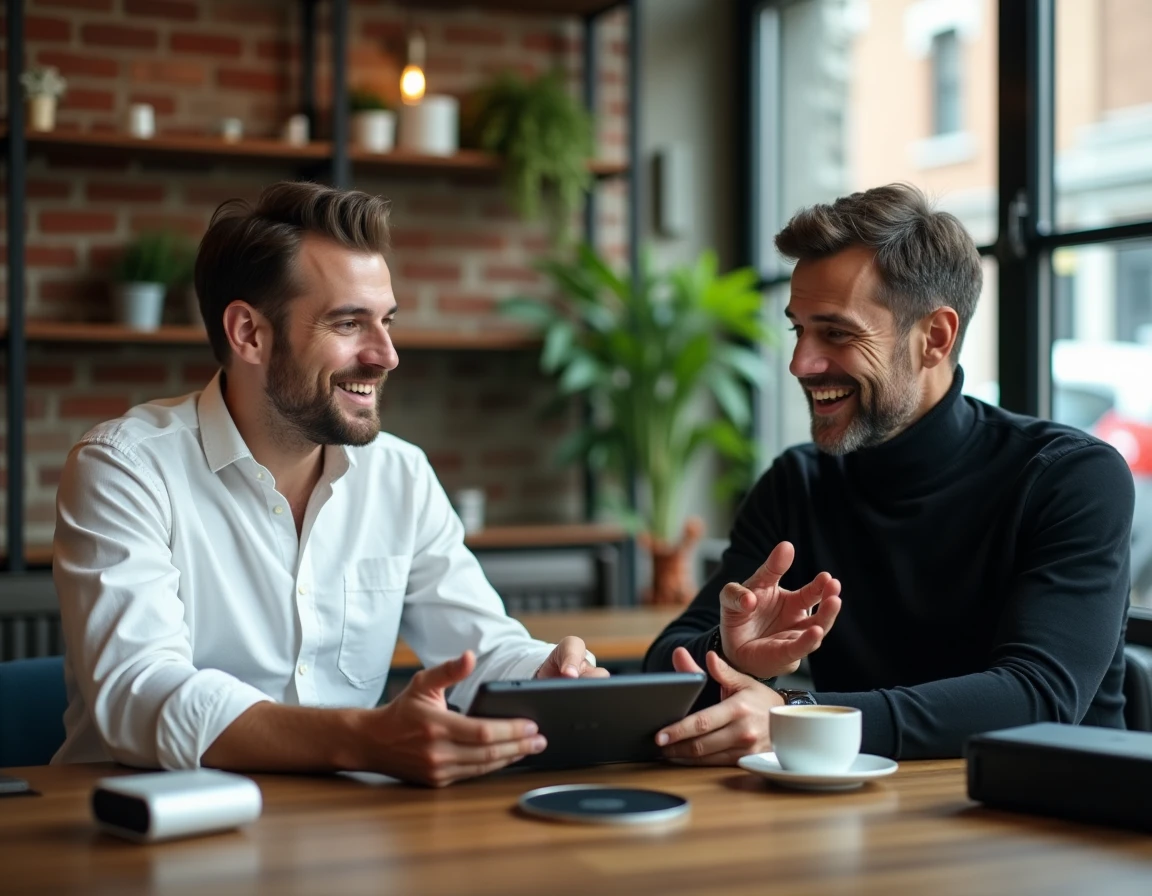 Deux passionnés de high-tech discutant de gadgets technologiques dans un café urbain