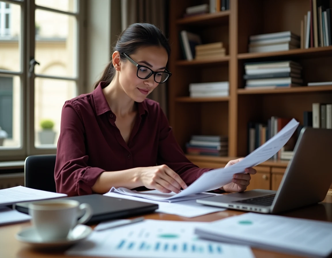 Économiste française analysant des données commerciales sur les échanges entre la France et la CEI dans son bureau parisien