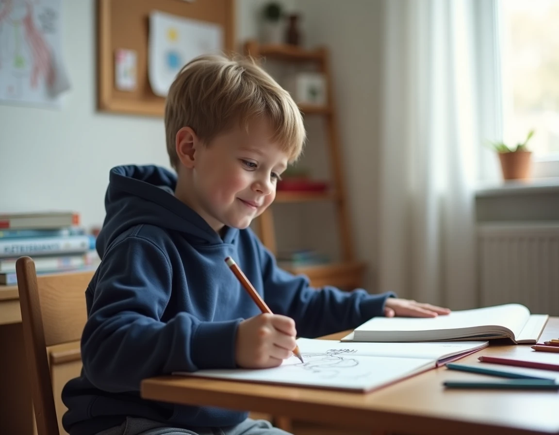 Jeune garçon concentré dessinant dans un carnet à son bureau, stimulation de la créativité et de l'autonomie