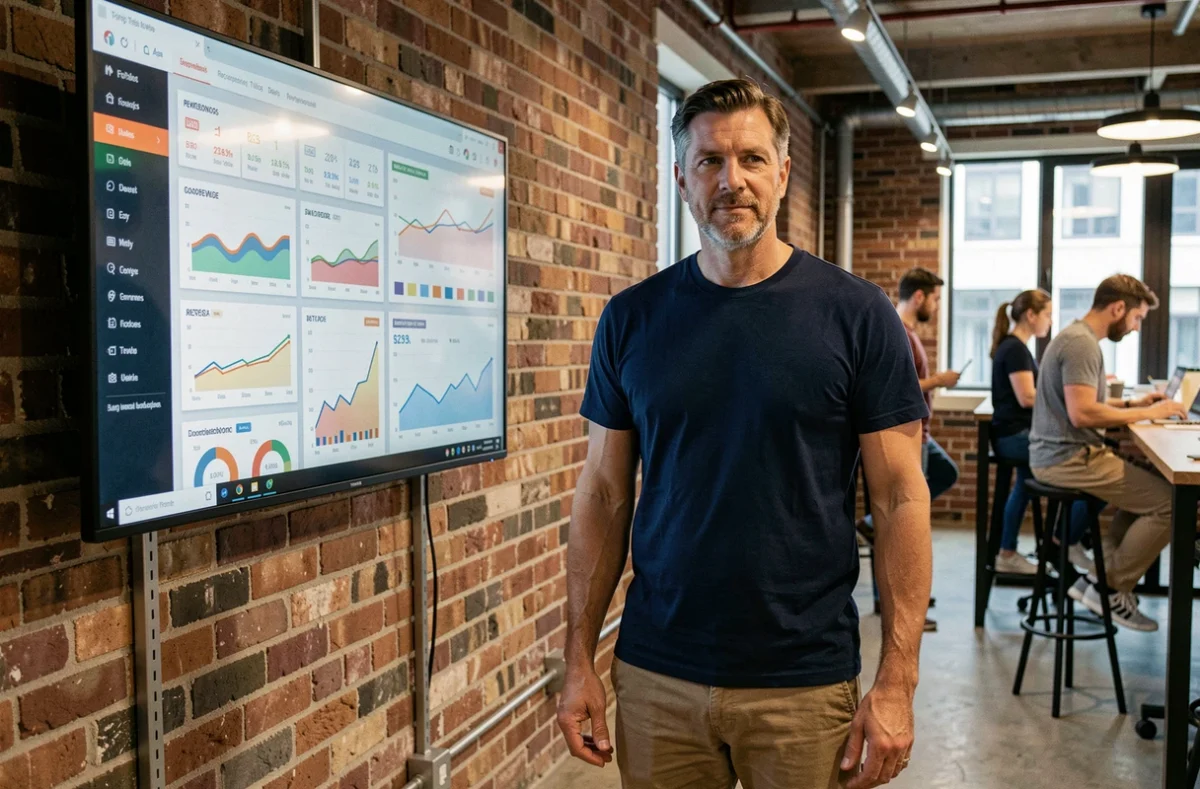 Entrepreneur masculin analysant les performances de son commerce en ligne sur un écran dans un espace de coworking