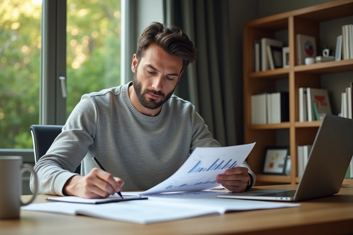 Entrepreneur analysant des rapports de performance business à son bureau pour optimiser sa stratégie d'entreprise