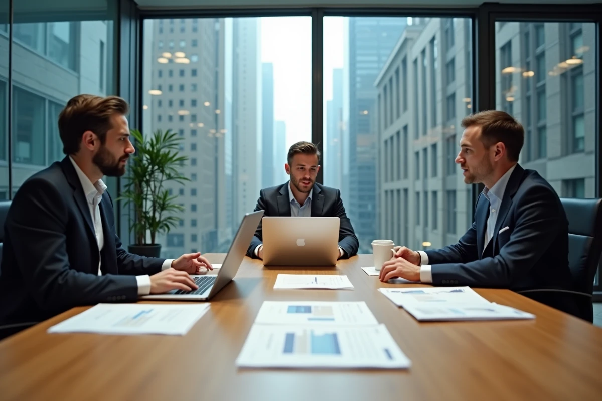 Équipe de professionnels en réunion de conseil stratégique autour d'une table de conférence moderne