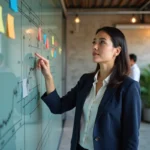 Experte en business partageant ses conseils stratégiques devant un tableau blanc dans un bureau moderne