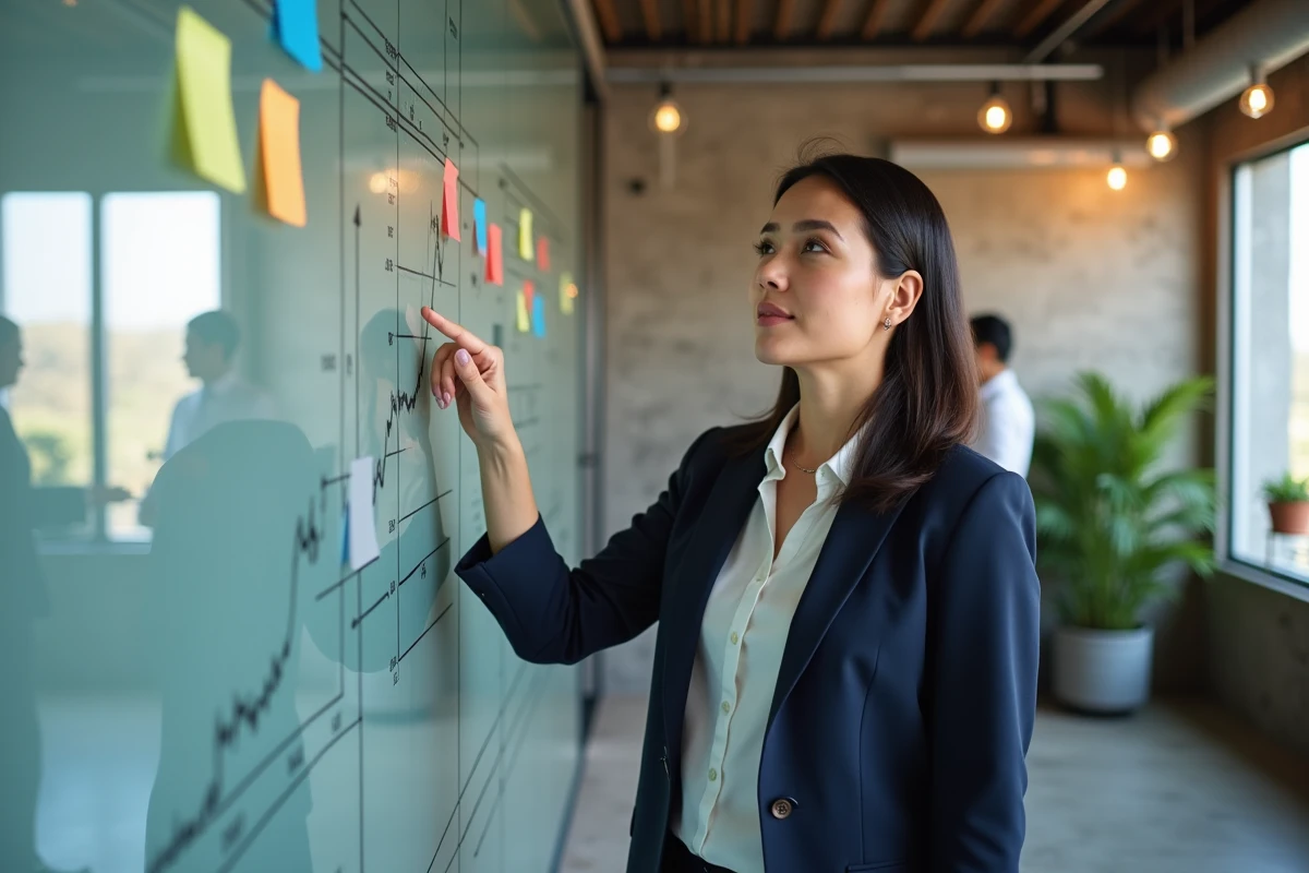 Experte en business partageant ses conseils stratégiques devant un tableau blanc dans un bureau moderne