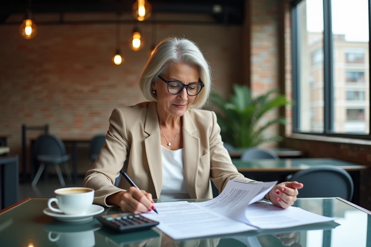 Femme experte-comptable étudiant une fiche de prolongation d'avantage fiscal Scellier intermédiaire dans un espace de coworking