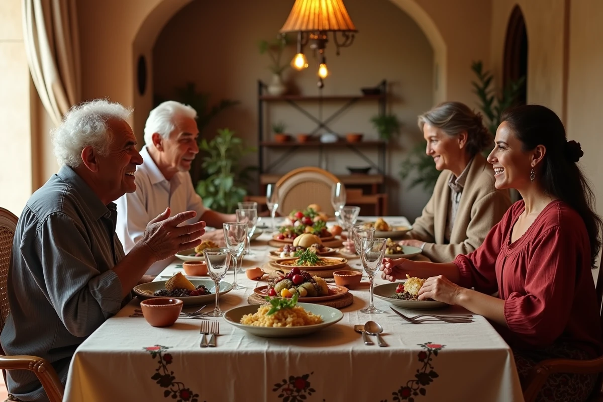 Famille franco-libanaise réunie autour d'un repas traditionnel dans une maison méditerranéenne