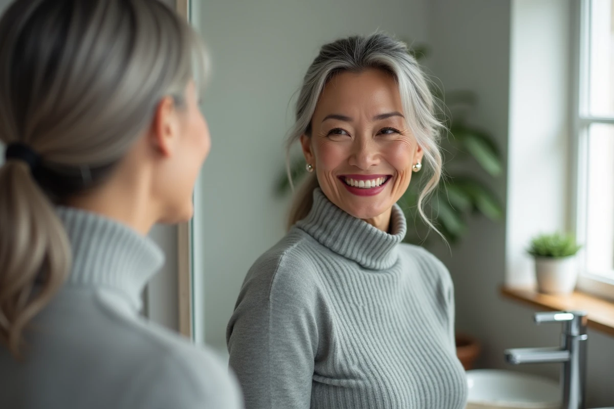 Femme de 60 ans souriante devant un miroir de salle de bain avec un rouge à lèvres rouge cerise fraîchement appliqué