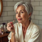 Femme de 60 ans appliquant un rouge à lèvres rose foncé devant une coiffeuse en bois avec des produits de beauté