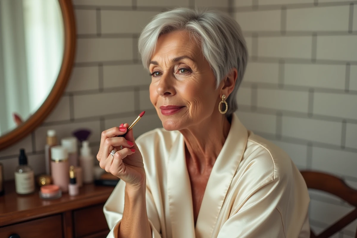 Femme de 60 ans appliquant un rouge à lèvres rose foncé devant une coiffeuse en bois avec des produits de beauté