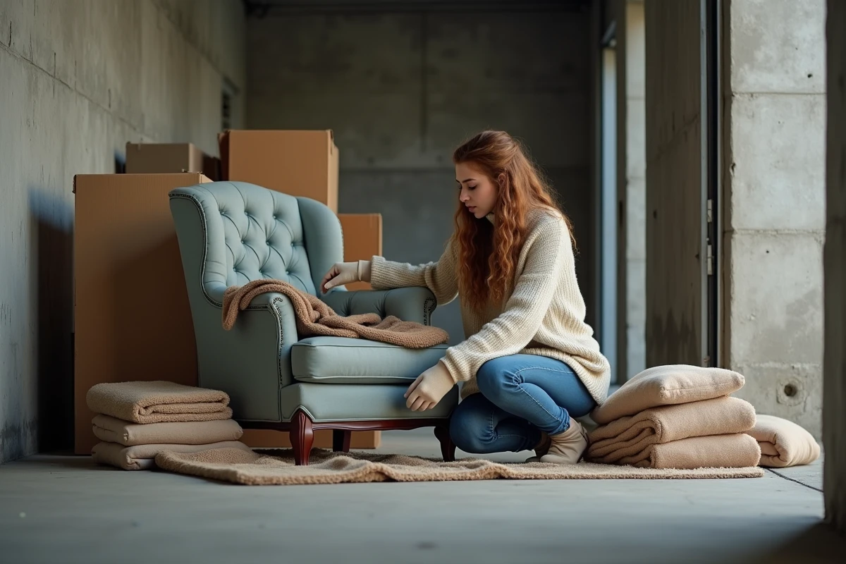 Femme arrange un fauteuil dans un garage