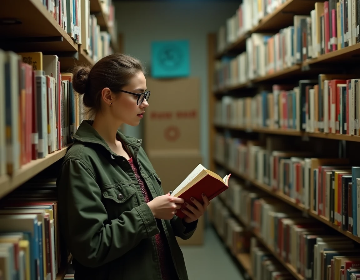 Femme lisant un livre de théorie révolutionnaire dans une bibliothèque militante avec des rayonnages chargés d'ouvrages politiques sur la communisation