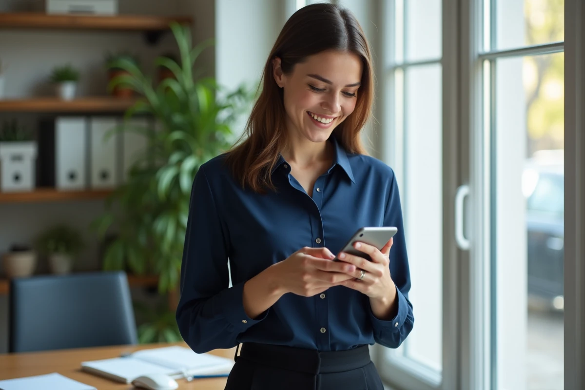 Jeune femme souriante utilisant son smartphone dans un bureau
