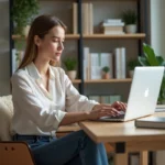 Jeune femme au bureau utilisant un ordinateur portable