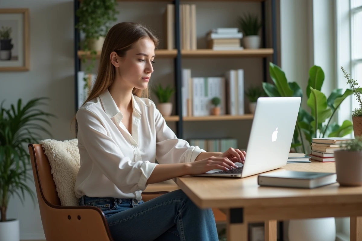 Jeune femme au bureau utilisant un ordinateur portable