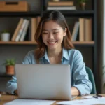 Jeune femme souriante utilisant un ordinateur pour consulter Veridictus