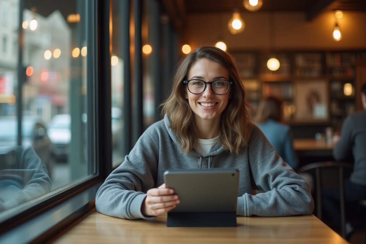 Femme discutant devant une tablette dans un café urbain