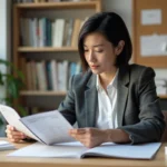 Femme en train de choisir des brochures de formation dans un bureau lumineux