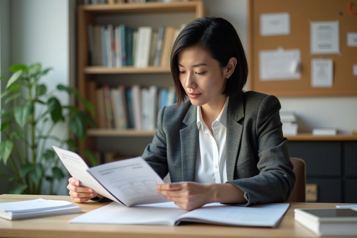 Femme en train de choisir des brochures de formation dans un bureau lumineux