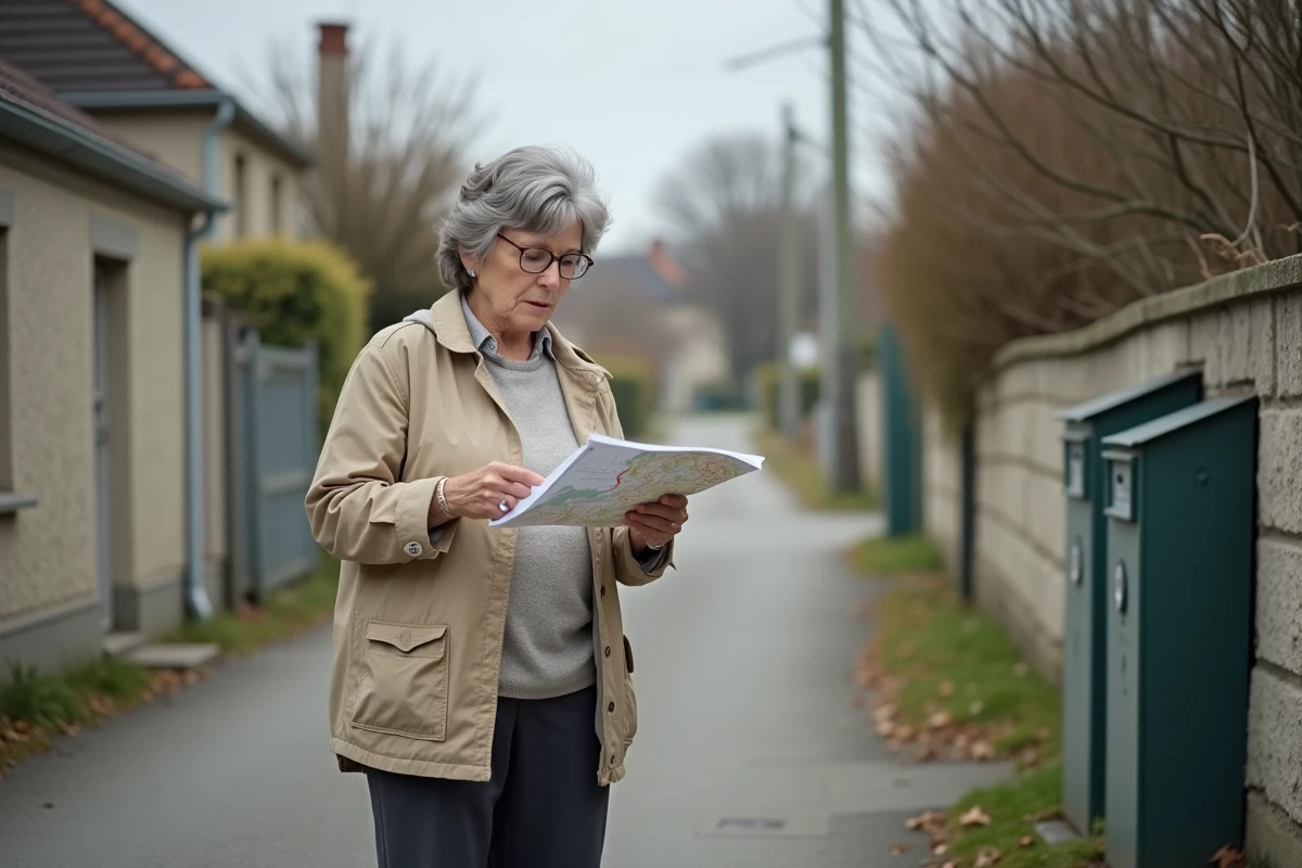 Femme consultant un plan de rue papier dans un quartier résidentiel d'un petit village de l'Aube, illustrant la recherche d'une adresse dans une commune rurale