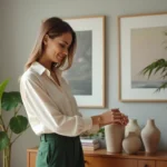 Jeune femme élégante arrangeant des vases en salon moderne