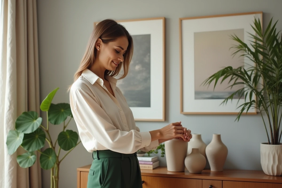 Jeune femme élégante arrangeant des vases en salon moderne