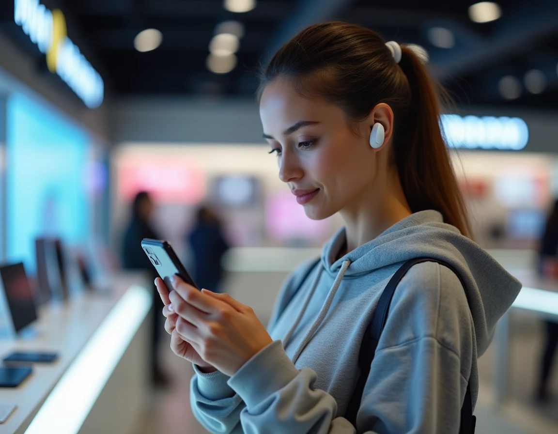 Femme découvrant un smartphone dernière génération dans un magasin high-tech