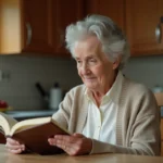 Femme âgée lisant un livre médical dans sa cuisine lumineuse