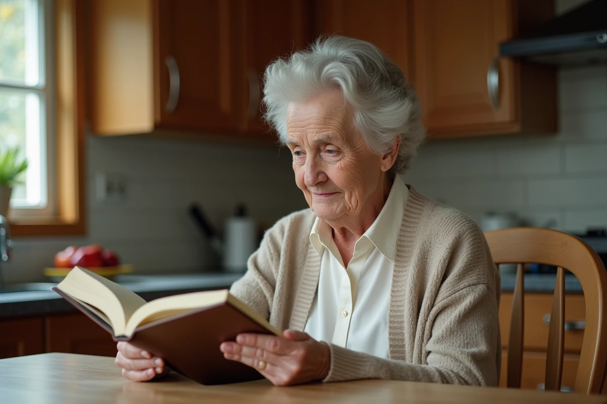 Femme âgée lisant un livre médical dans sa cuisine lumineuse