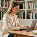Femme entrepreneur travaillant sur son business en ligne depuis un bureau à domicile moderne et organisé