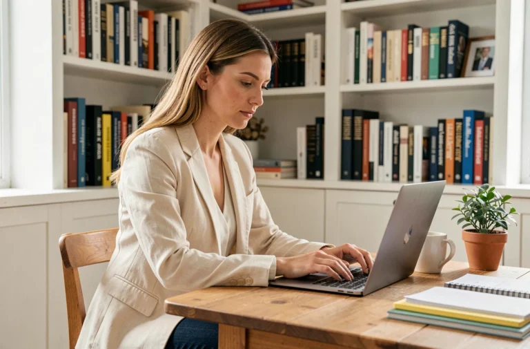Femme entrepreneur travaillant sur son business en ligne depuis un bureau à domicile moderne et organisé