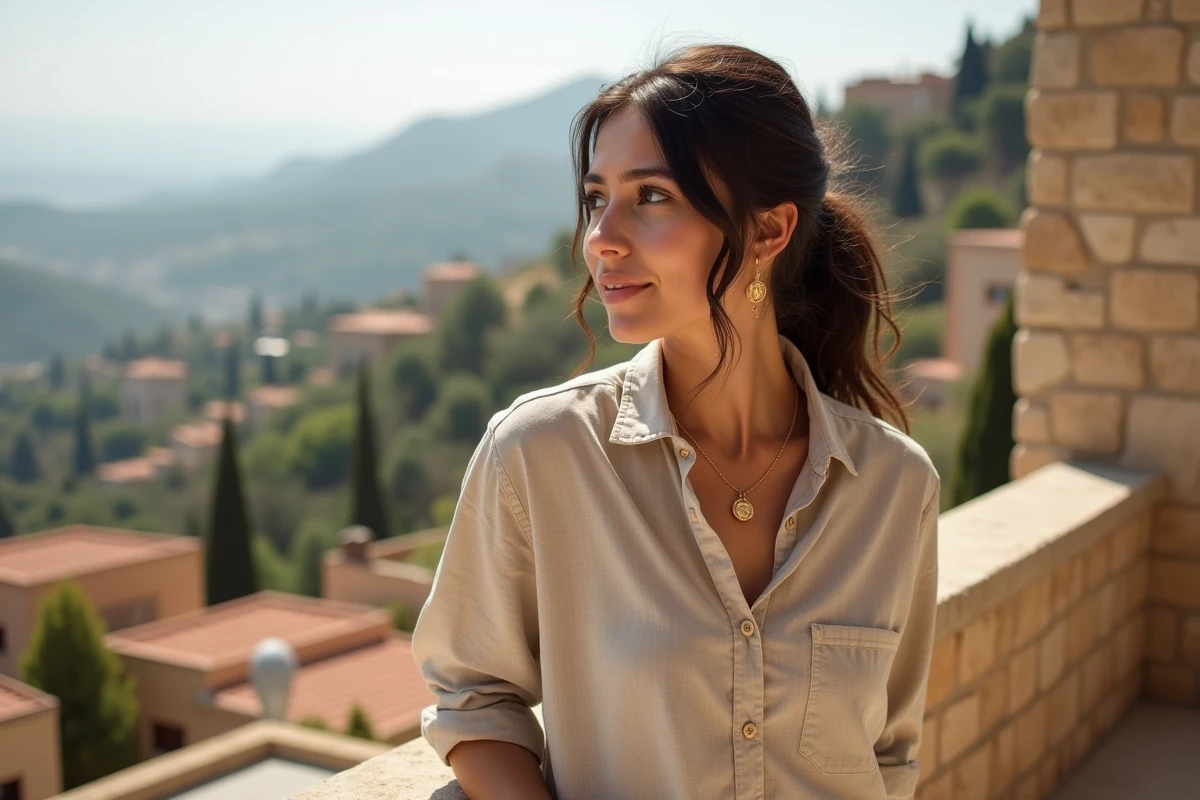 Jeune femme franco-libanaise contemplant un village du Liban depuis un balcon en pierre