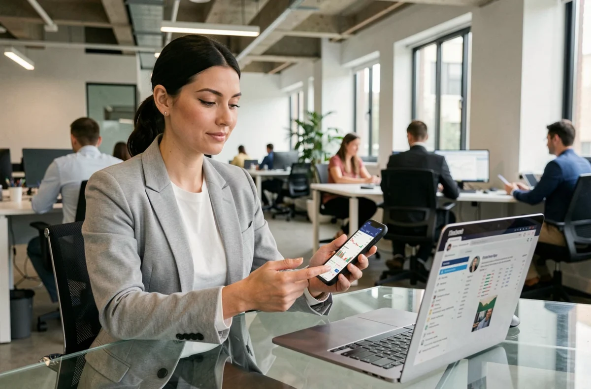 Femme investisseur consultant une application de trading boursier sur smartphone dans un espace de coworking