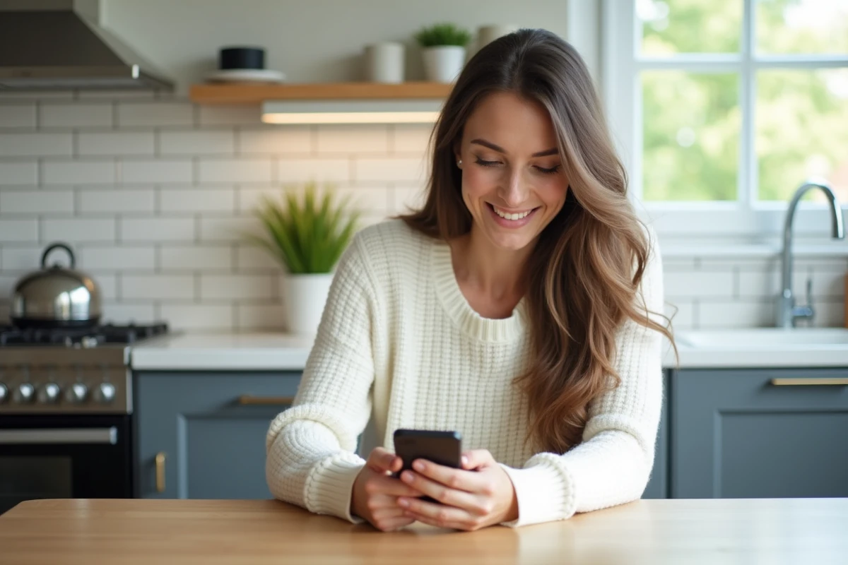 Femme souriante utilisant son smartphone dans la cuisine